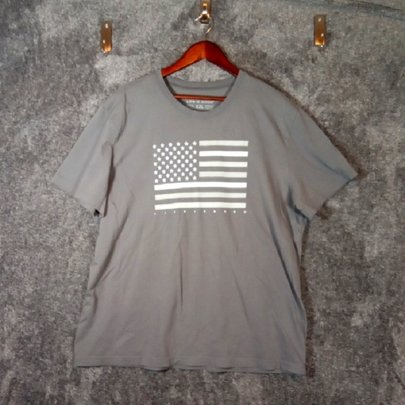 Life Is Good Tops - Life Is Good Gray Short Sleeve Tee with American Flag